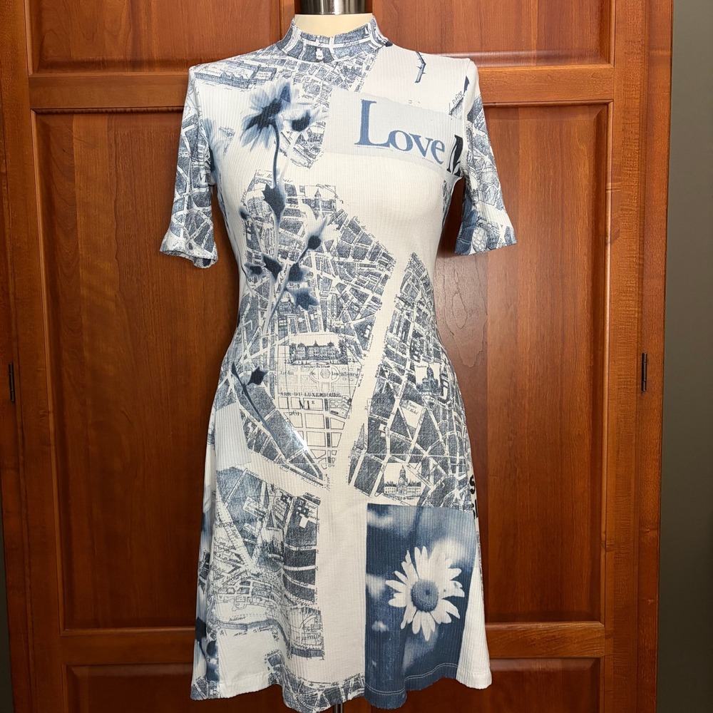 Desigual White Blue Short Map Skater Dress Women Size Medium